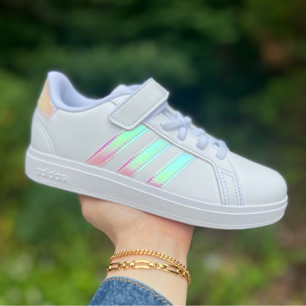 851 | Adidas Grand Court Kids Girls White Sneakers with Iridescent Stripes